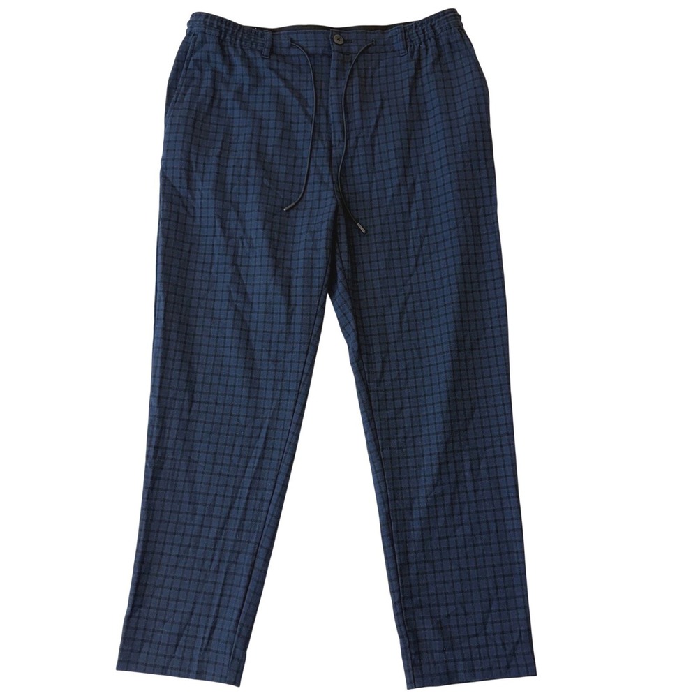Zara Mens Comfort‎ Fit Grid Check Trousers Navy Blue Black XL Elastic Waist